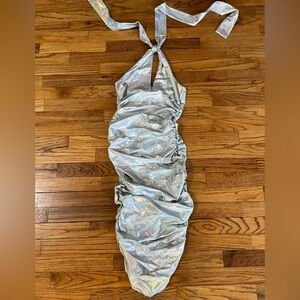 Fashion Nova Silver Holographic Midi Dress